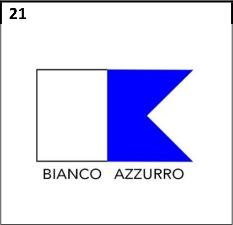 Bandiera Alfa (A) del Codice Internazionale dei Segnali: rettangolo bianco e blu diviso verticalmente.