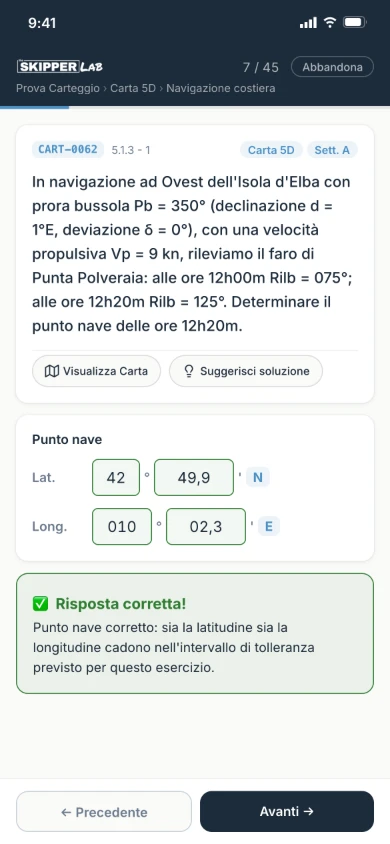 Prova di Carteggio nell'app The Skipper Lab