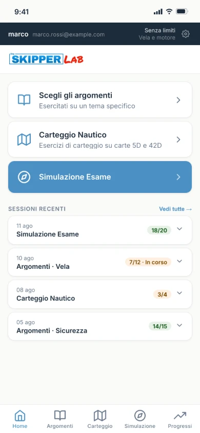 La schermata principale dell'app The Skipper Lab