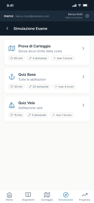 La schermata Simulazione Esame dell'app The Skipper Lab